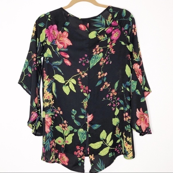 Status Floral Chiffon Blouse Black Multi Flowy Bell Sleeves Size Small - Picture 2 of 10